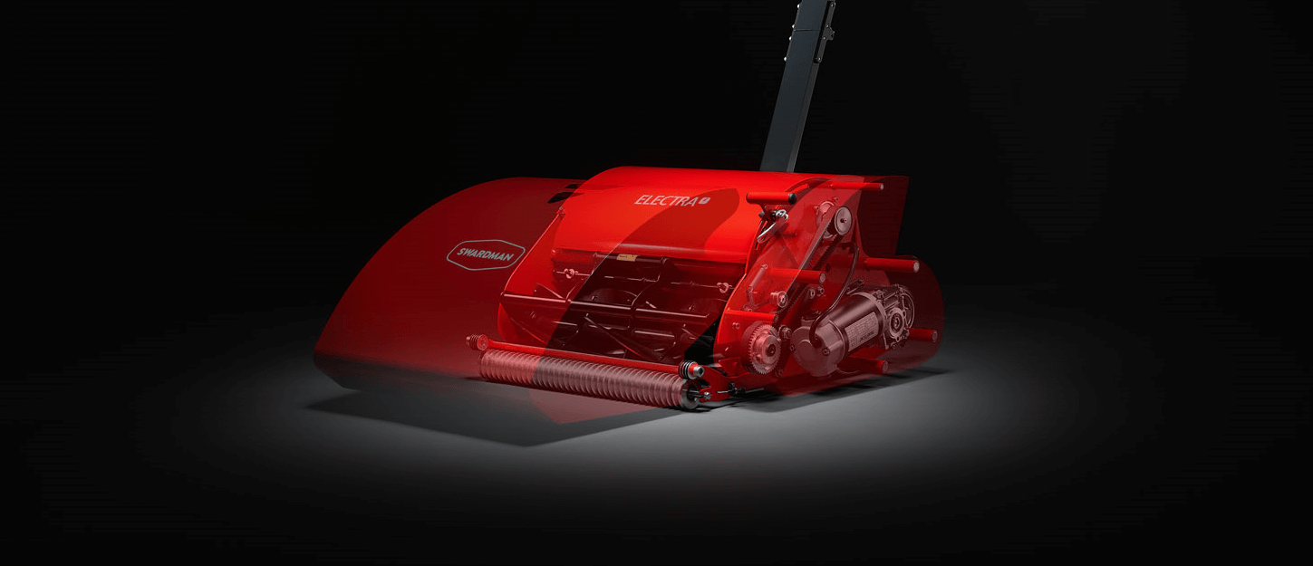 Swardman Electra reel mower on a black background